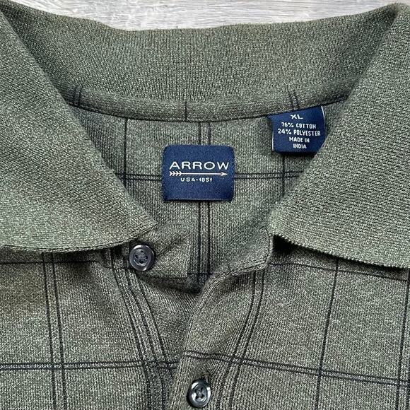 Arrow Vintage Olive Green Long Sleeve Polo Shirt Plaid XL Grandpa Style - Picture 5 of 5